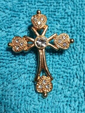 Gold Crystal Heart Cross Brooch - Women Jewelry
